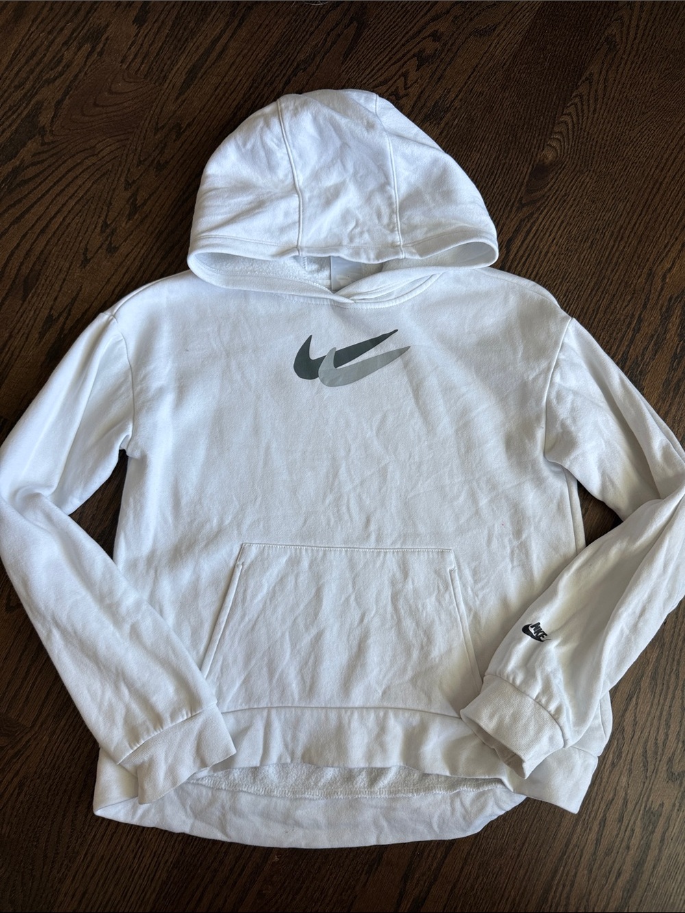 Girls Nike White Hoodie with Grey Double Swoosh